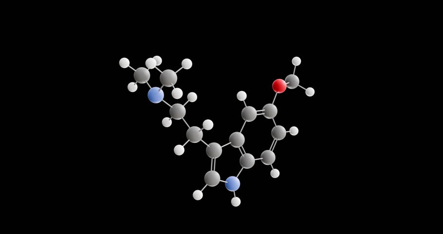 5-MeO-DMT molecule, rotating 3D model of psychedelic, looped video on a black background
