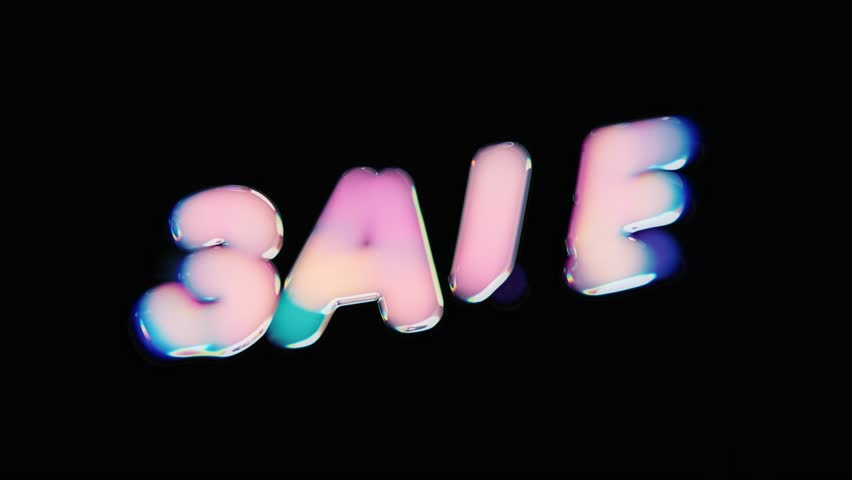 Animated text spelling “SALE” in glowing, fluid, holographic style. Seamless loop on black background with vibrant light transitions, perfect for modern ads, promos, or creative titles.