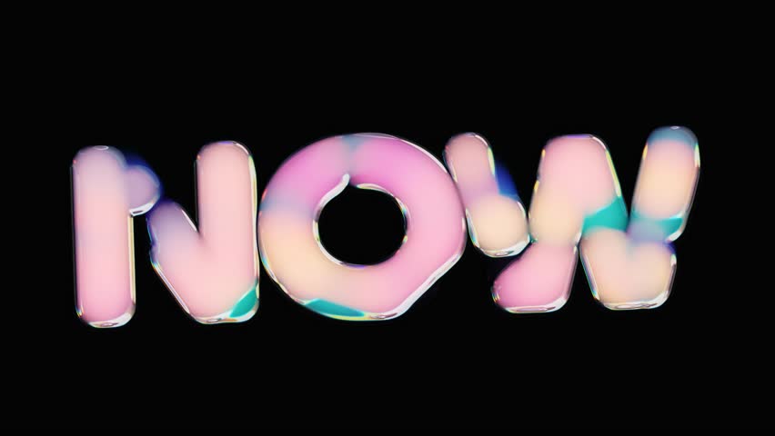 Color changing  animated text spelling “NOW” in glowing, fluid, holographic style. Seamless loop on black background with vibrant light transitions, perfect for modern ads, promos, or creative titles.