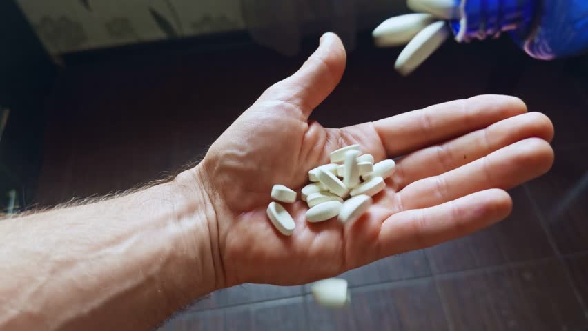 person pouring white supplement tablets from a blue bottle into their hand. Daily health care, vitamin intake, medication or nutritional supplement routine. Sport nutrition supplement morning vitamins