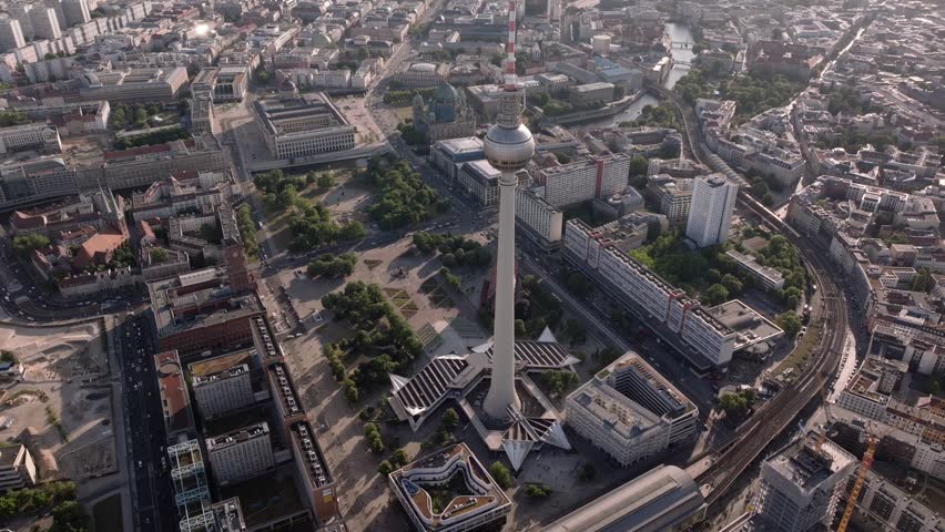 Alexanderplatz in Berlin, Aerial view of famous architectural landmarks TV Tower, Berlin-Mitte and Berlin Cathedral. 