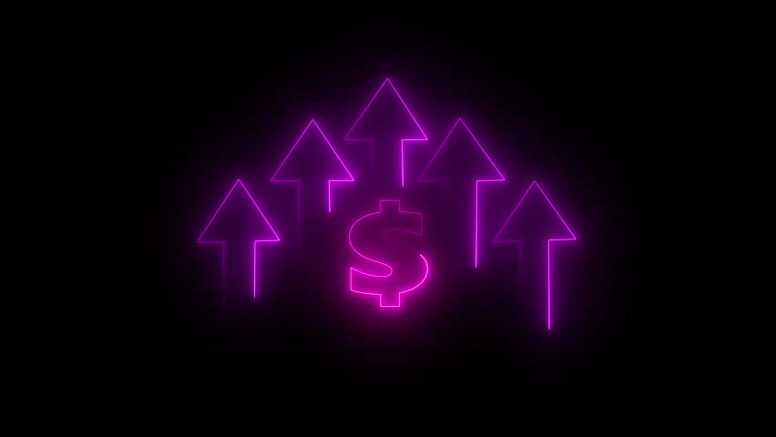 Animated Neon Icon of Dollar Sign and Upward Arrow: Symbolizing Profit, Investment Growth, and Financial Success on Black Background.