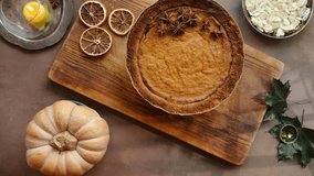 Pumpkin pie. Thanksgiving food. Top view - Powered by Shutterstock - Get 15% off with code: PIKWIZARD15