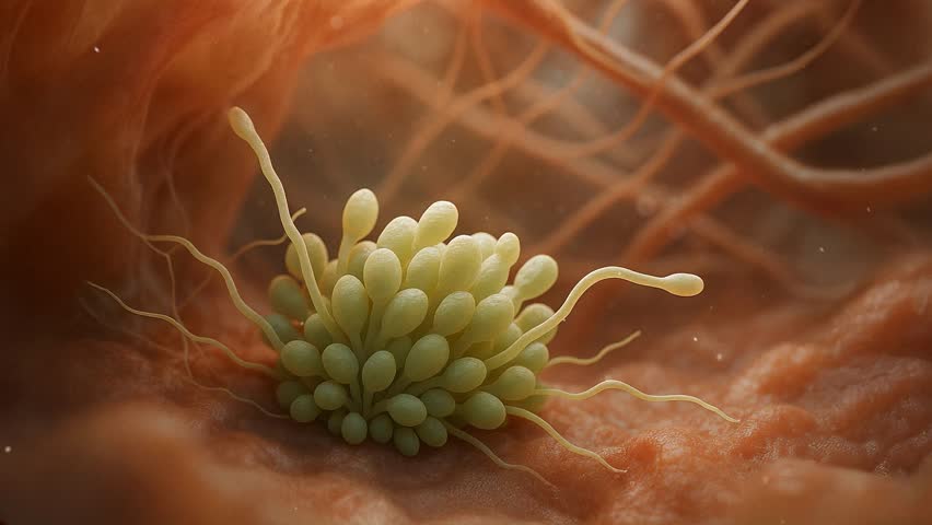 Candida Albicans spore colony grows with long tendrils on surface