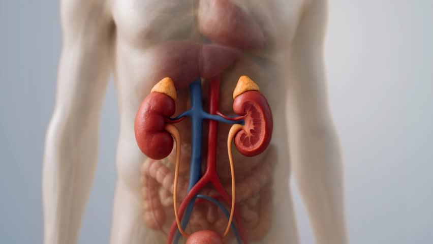 Human renal system with displayed kidneys arteries and veins