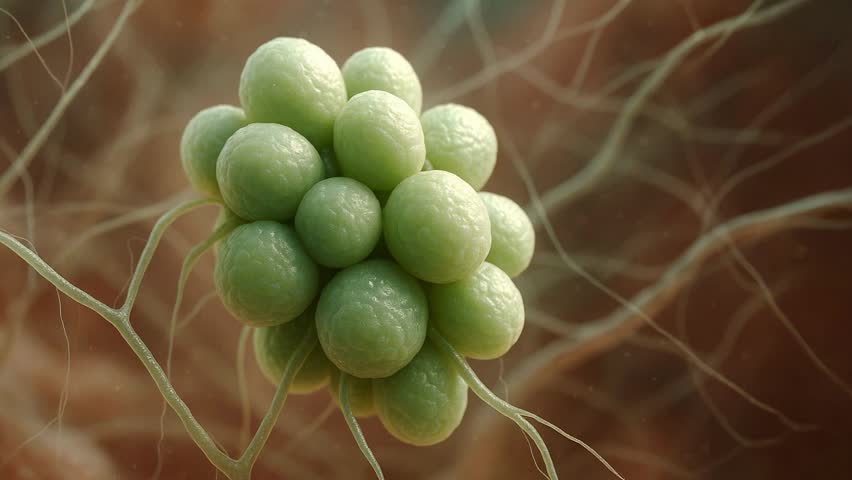 Pathogenic yeast cells with spherical green structures growing