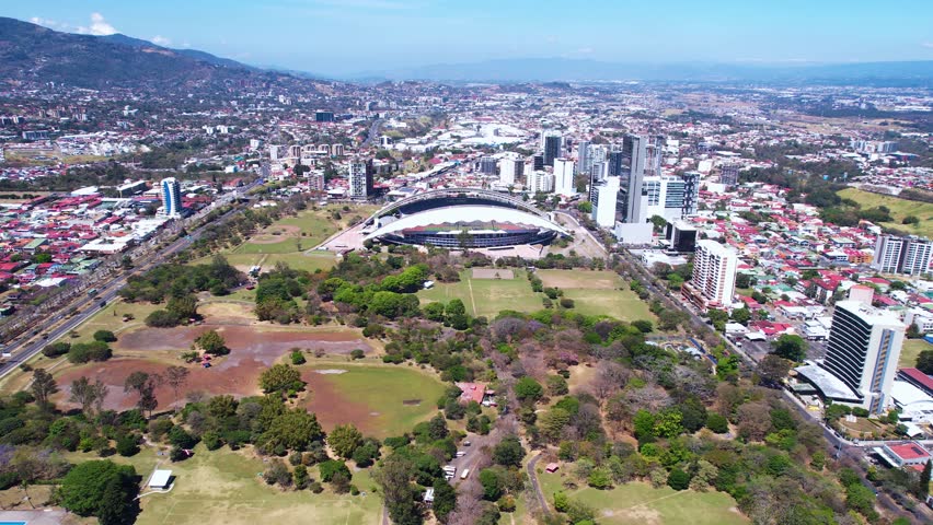 Aerial View of Costa Rica National Football Stadium and Metropolitan Park in San Jose, Drone Shot