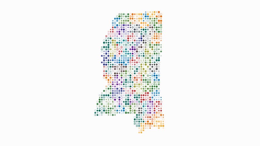 Mississippi dotted animation. Shape of the state built of pulsating colored dots. Small size circle blocks. Digital style map on white background. Awesome video.