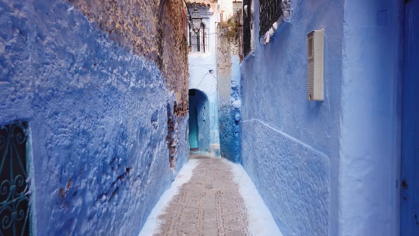 Streets and houses of Chefchaouen, Morocco painted in blue, medieval Arabic Unesco heritage