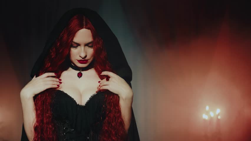 beauty gothic woman vampire takes off hood looking at camera. Dark night classic room. Fantasy lady vamp girl evil goth sexy face pale skin evening makeup red lips fangs long hair black dress cape art