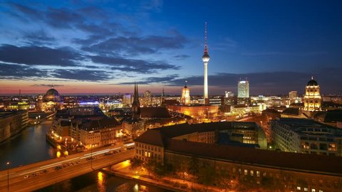 Berlin Skyline Light City Timelapse with Car Traffic and Cloud Dynamic in Full HD 1080p, German Capital