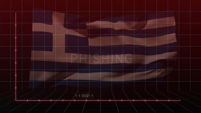 Starting red grid over waving Greek flag, red data points forming downward line, signaling phishing. Cybersecurity, digital, technology, network, data, cyberattack, protection - Powered by Shutterstock - Get 15% off with code: PIKWIZARD15