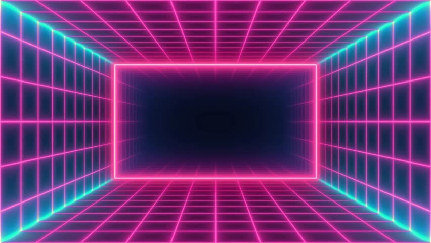 Futuristic cyberpunk grid media background with glowing neon lines, digital tech elements, and a dark sci-fi city vibe—ideal for games, tech, and virtual worlds.