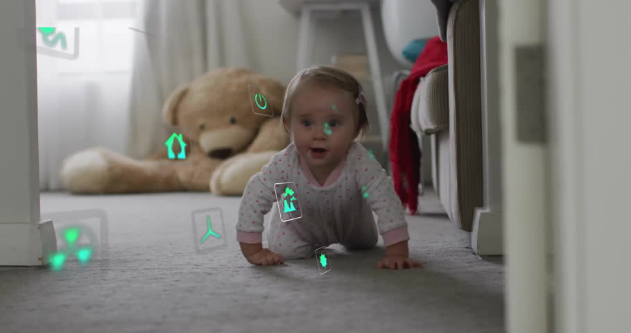 Baby girl spotting teddy bear at hallway end and crawling while smart home icons appearing. Infant, exploration, curiosity, snug, playfulness, ambient, innovation