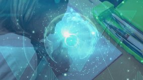 Student girl picking up pencil and sketching shapes while holographic globe forming above notebook. Fantasy, innovation, technology, education, creativity, contemporary, imagination - Powered by Shutterstock - Get 15% off with code: PIKWIZARD15