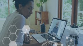 Woman researcher launching research call on laptop, taking notes with code and hexagons floating. Collaboration, remote, innovation, science, digital, professional, modern - Powered by Shutterstock - Get 15% off with code: PIKWIZARD15