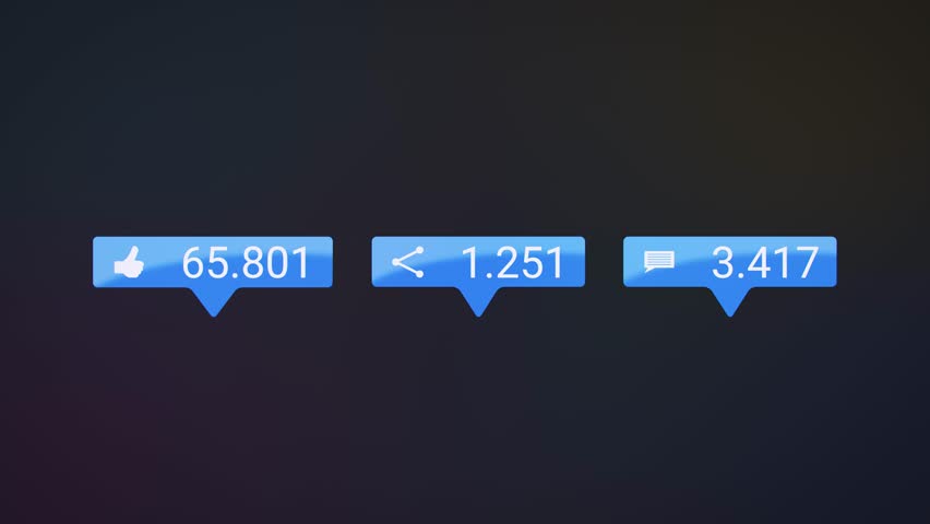 Video animation of Like, Share and Comments button in blue with increasing count of numbers on dark background - social media reaction buttons.