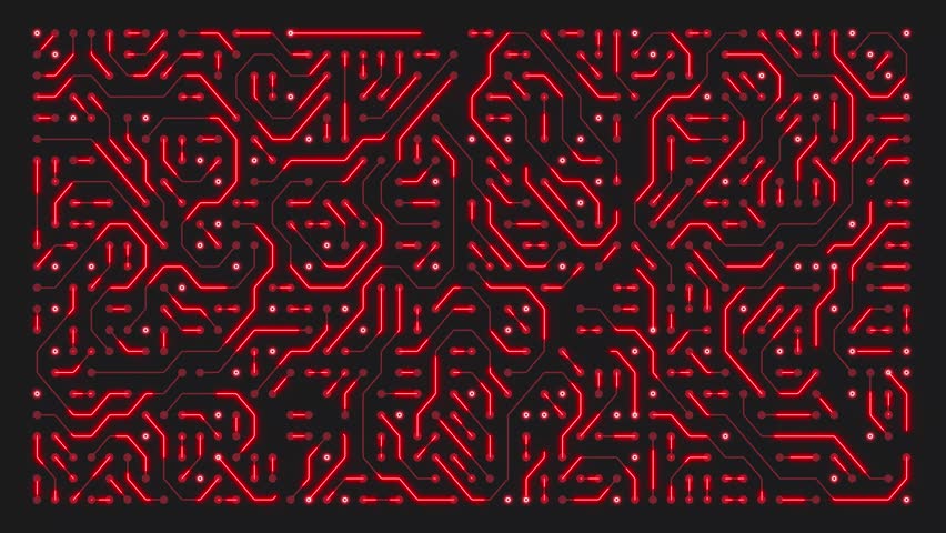 Video animation of a printed circuit board in red on a dark background. Digital server code processing or AI artificial intelligence deep machine learning concept - seamless loop.