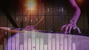 Musician pressing keys tuning knobs animating stock charts across window visualizing finance data. Concept, performance, technology, creativity, precision, studio, mood - Powered by Shutterstock - Get 15% off with code: PIKWIZARD15