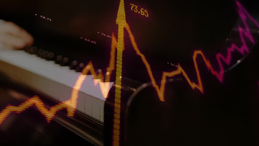 Woman's hands flowing across piano keys starting music waveform pulsing showing numeric data. Music, performance, instrument, harmony, aesthetics, precision, artistry