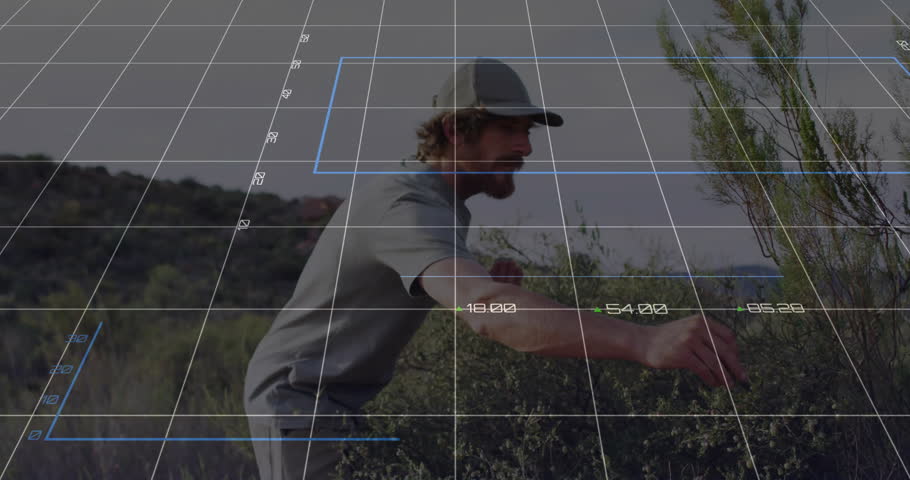 Adult male farmer leaning and lifting hands in agritech olive grove, activating data overlays. Agriculture, environmental, technology, growth, harvest, sustainability, rural