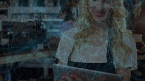 Blonde barista checking screen and smiling at guest while data overlay highlights coffee industry. Coffee shop, hospitality, digital technology, teamwork, service industry, bakery, modern - Powered by Shutterstock - Get 15% off with code: PIKWIZARD15