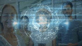 Team pressing tablets and showing rotating holographic networked globe and head for technology demo. Technology, innovation, digital, futuristic, collaboration, data, connectivity - Powered by Shutterstock - Get 15% off with code: PIKWIZARD15