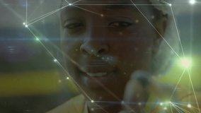 Lab scientist moving capsule toward lens for pharma demo while glowing network overlay pulsing. Technology, innovation, biotech, data visualization, research, futuristic, digital - Powered by Shutterstock - Get 15% off with code: PIKWIZARD15