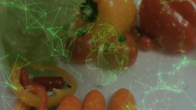 Green grid pulsing initiating water pouring from right washing produce to clean under globe overlay. Fresh produce, digital technology, hydration, clean eating, healthy lifestyle, food preparation, - Powered by Shutterstock - Get 15% off with code: PIKWIZARD15