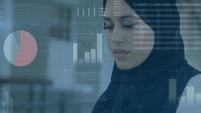 Woman wearing hijab tapping phone screen causing shifting bar and pie chart overlays for analytics. Innovation, technology, professionalism, digital, business, workspace, modern - Powered by Shutterstock - Get 15% off with code: PIKWIZARD15