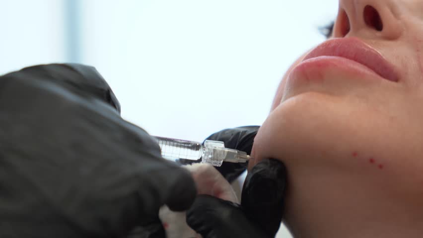 Beautician doctor makes botulinum toxin injection in the chin of young beautiful woman. Close up 4k shot