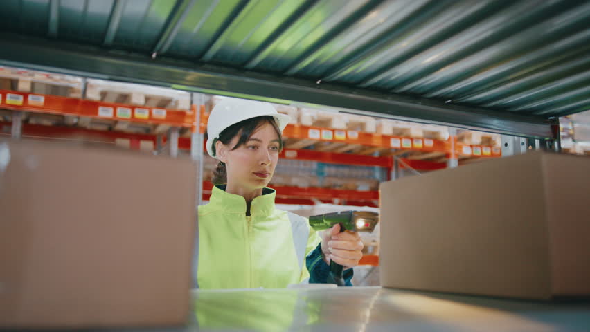 Close view of female warehouse worker in high-visibility jacket and hard hat using tablet and barcode scanner between shelves. Focused looking while checking inventory data in cardboard boxes.
