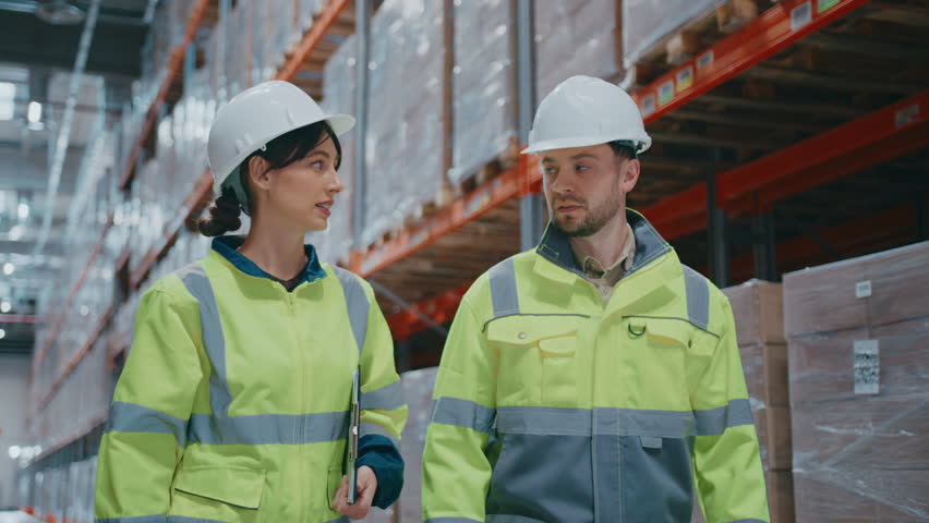 Female warehouse supervisor holding clipboard gesturing upward while explaining task to male coworker. People in high-visibility safety jackets and helmets walking in large industrial storage aisle. - Powered by Shutterstock - Get 15% off with code: PIKWIZARD15
