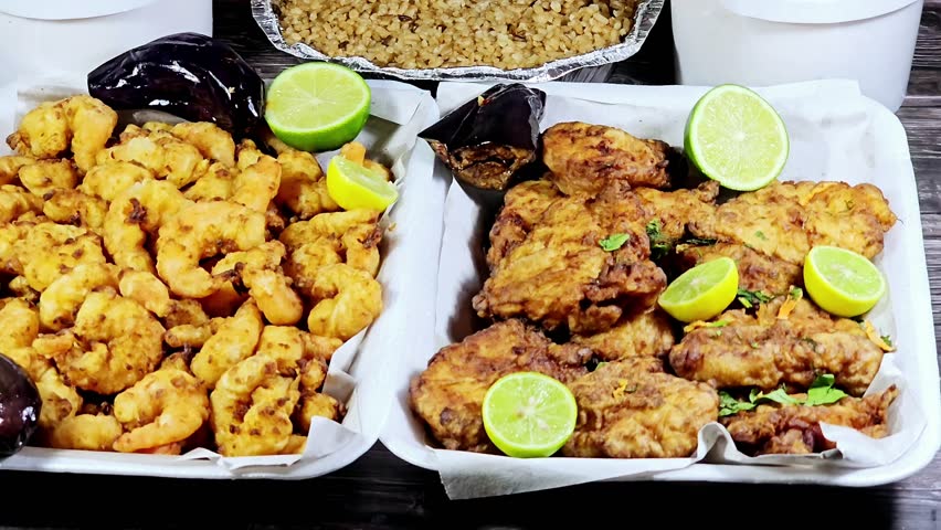 seafood dishes of Fried Epinephelus fish fillet, Fried shrimps, fish rice, and assorted seafood creamy soup of shrimps, squid, crabs, fish fillet, herbs, dill, garlic and onion, seafood mixture soup