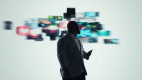 Happy person typing on phone touchscreen, relaxing with curated digital content. Joyous man browsing social media apps on smartphone in front of interactive dashboard in modern setting, camera A - Powered by Shutterstock - Get 15% off with code: PIKWIZARD15