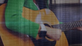 Musician pressing chord and strumming guitar activating tech overlay with bars tracking shifts. Musician, acoustic, chords, performance, digital, visualization, home - Powered by Shutterstock - Get 15% off with code: PIKWIZARD15