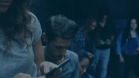 Woman tapping phone, activating grid with finance charts climbing percentages to track growth. Technology, analytics, digital, modern, communication, productivity, data visualization - Powered by Shutterstock - Get 15% off with code: PIKWIZARD15