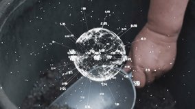 Gardener scooping potting medium repotting bonsai securing roots, featuring digital globe overlay. Horticulture, craftsmanship, eco-friendly, natural, botanical, landscaping, outdoor - Powered by Shutterstock - Get 15% off with code: PIKWIZARD15