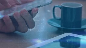 Man touching smartphone and scrolling data interface, generating code and line graphs for tech. Technology, data visualization, mobile app, digital interface, analytics, modern, workspace - Powered by Shutterstock - Get 15% off with code: PIKWIZARD15