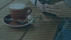 Man lifting phone and scrolling display showing analytics changes with bright graph near coffee cup. Technology, analytics, data visualization, digital, modern, user interface, workspace - Powered by Shutterstock - Get 15% off with code: PIKWIZARD15