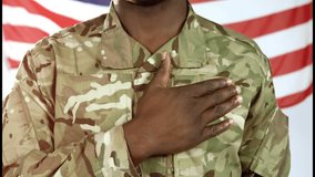 Playback indicator appearing triggers soldier placing hand on heart reciting oath to American flag. Patriotism, discipline, commitment, honor, nationalism, solemnity, ceremonial - Powered by Shutterstock - Get 15% off with code: PIKWIZARD15