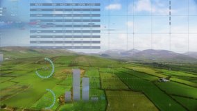 One-second starting finance overlay on farmland gauges rising charts growing for market insights. Agriculture, data visualization, rural landscape, financial analytics, eco-friendly, technology, - Powered by Shutterstock - Get 15% off with code: PIKWIZARD15