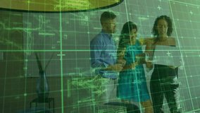 Team around office reacting to grid overlay, swiping tablet scrolling laptop reviewing AR blueprint. Collaboration, innovation, technology, teamwork, digital, interior, professional - Powered by Shutterstock - Get 15% off with code: PIKWIZARD15