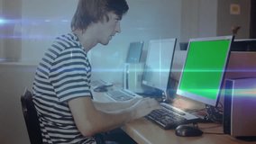 Man typing on keyboard at computer desk causing glowing network nodes forming tech data overlay. Technology, connectivity, digital, network, cybersecurity, data, innovation - Powered by Shutterstock - Get 15% off with code: PIKWIZARD15