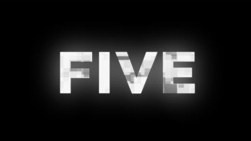 Countdown animation five to zero text glitch . on balck background. 4K video