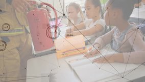 Firefighter entering room placing extinguisher on table showing pin pull, aiming nozzle for safety. Safety, education, emergency, instructional, classroom, community, awareness - Powered by Shutterstock - Get 15% off with code: PIKWIZARD15