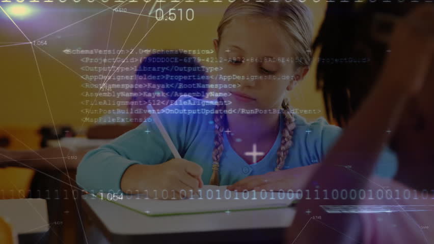Schoolgirl writing notebook as binary code overlay intensifying, pausing and smiling at teacher. Education, technology, innovation, youth, collaboration, focus, digital - Powered by Shutterstock - Get 15% off with code: PIKWIZARD15