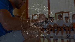 Coach tapping tablet and animating digital network globe overlay in school gym teaching students. Education, technology, mentorship, innovation, teamwork, digital, outdoors - Powered by Shutterstock - Get 15% off with code: PIKWIZARD15