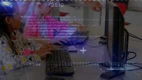 Students typing on computers in school while teacher guiding hand through transparent code overlay. Education, technology, classroom, mentorship, digital, learning, collaboration - Powered by Shutterstock - Get 15% off with code: PIKWIZARD15