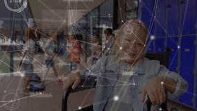 Students placing bags activating school data overlay zooming on smiling wheelchair girl at lockers. Assistive technology, inclusive education, digital innovation, school environment, youth - Powered by Shutterstock - Get 15% off with code: PIKWIZARD15